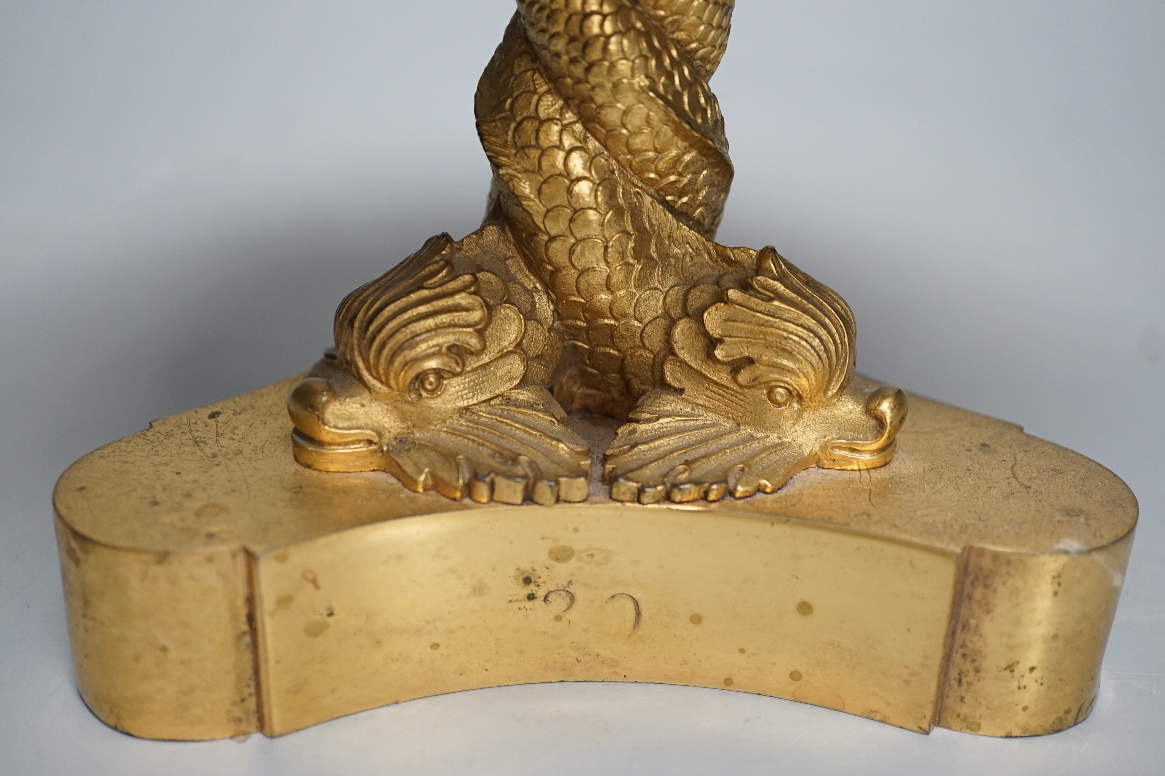 A Regency ormolu pedestal bowl, with dolphin stem, diameter 19cm, height 18cm.